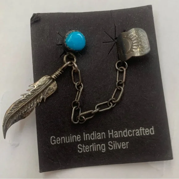 Vintage Sterling Silver Turquoise Feather Dangle Earring Pierced and Ear Cuff - Picture 4 of 8